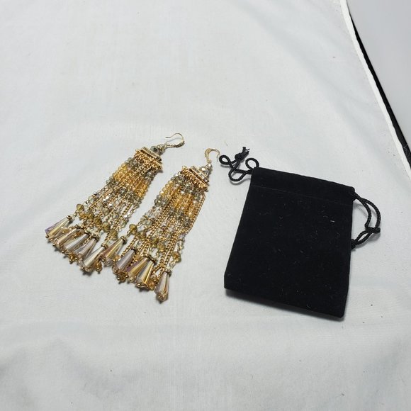 Ali Khan champagne clear ripple long fringe glass bead earring - Picture 2 of 6